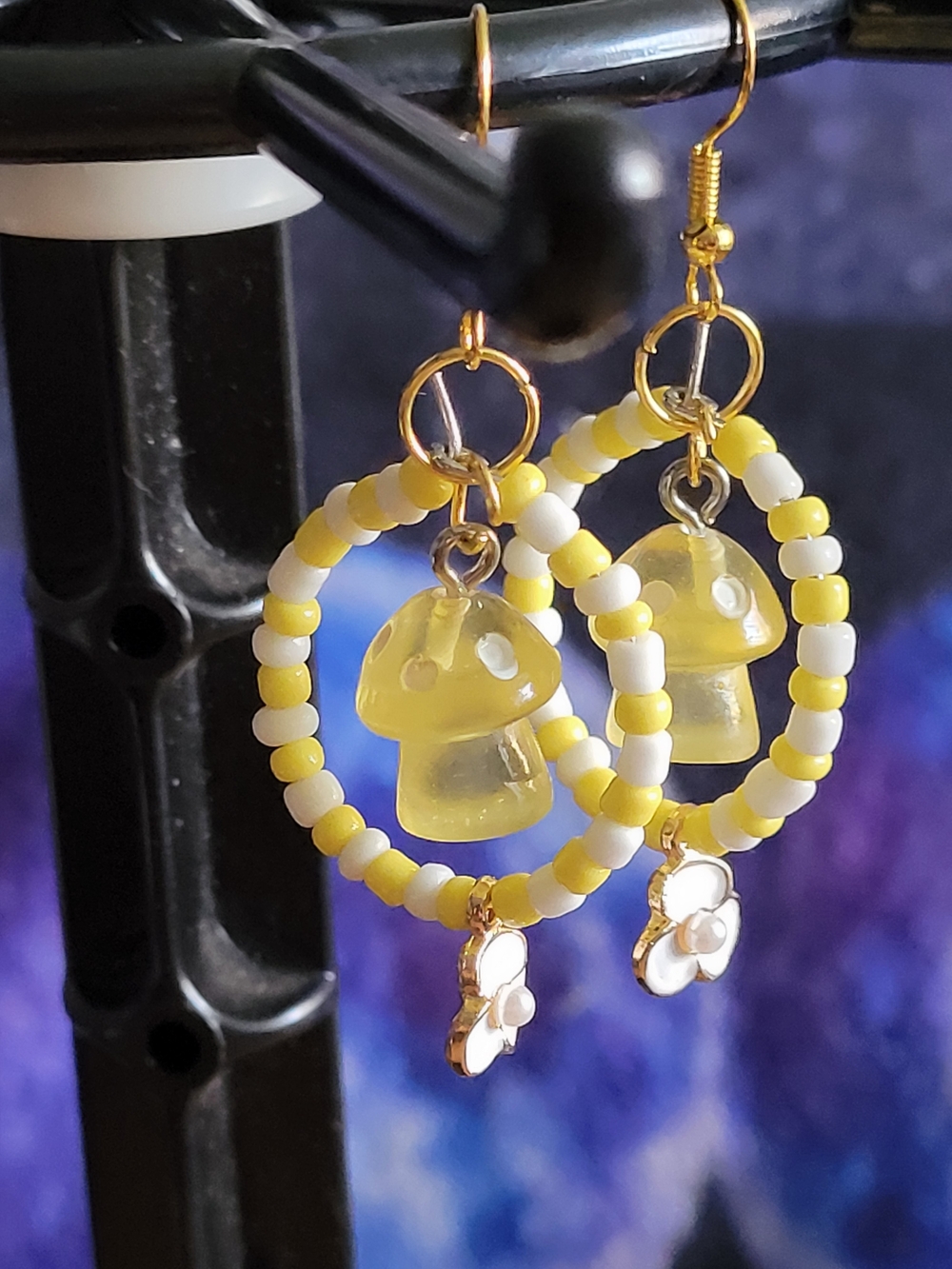 🍁NEW🍁Hand Crafted Yellow and White Mushroom Hoop Earrings